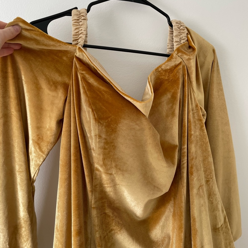 NWT Formal Dress oyisha special occasion maxi velvet mustard dress off shoulder - Picture 2 of 16